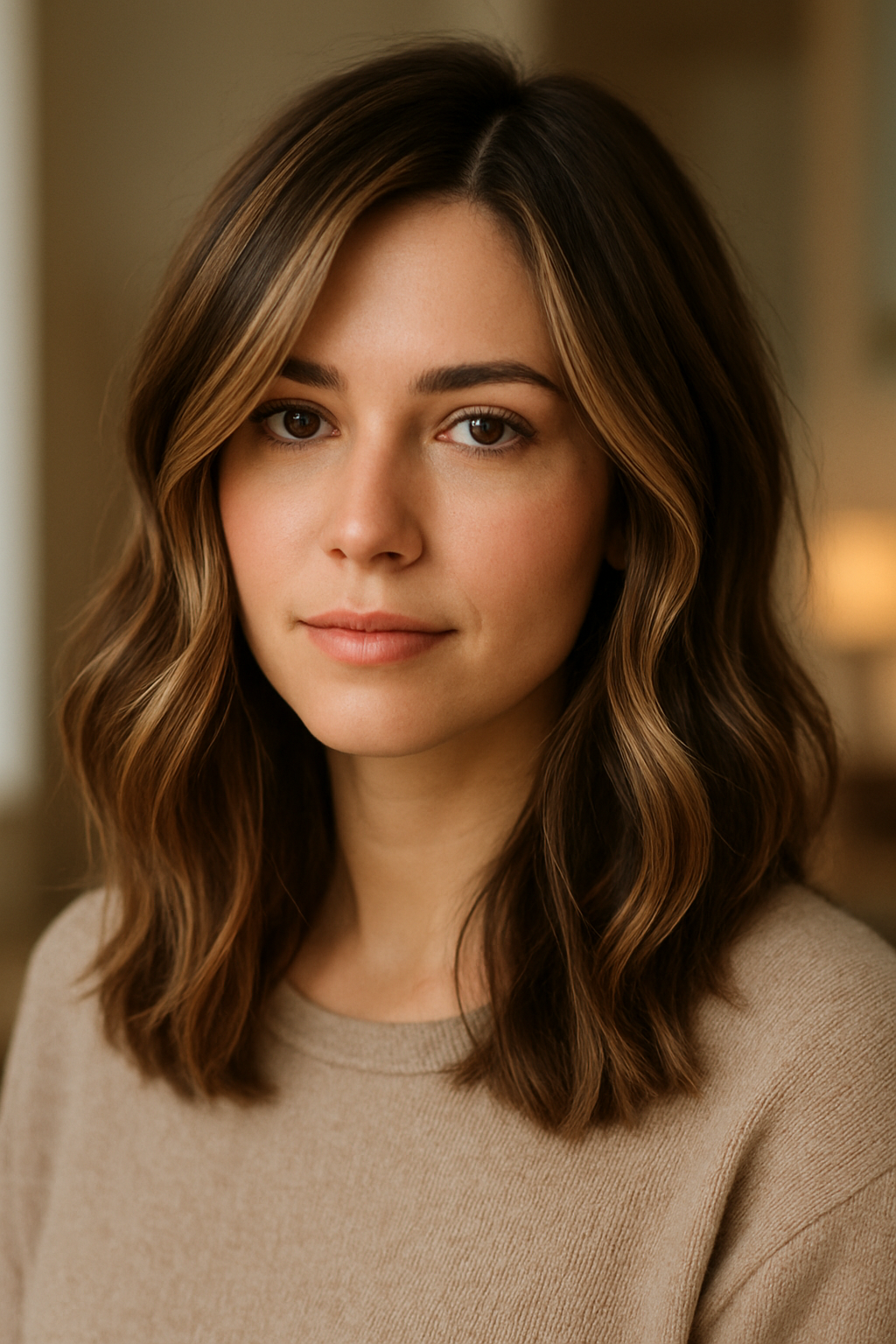 8 Stunning Balayage Hair Ideas for Brunettes in 2026 7 Professional portrait photography of a woman with dark brunette roots fading into honey blonde balayage ends, long straight hair with a centre part, shot in a bright airy salon interior. Natural lighting, magazine quality, no text, no watermarks. Portrait orientation.
