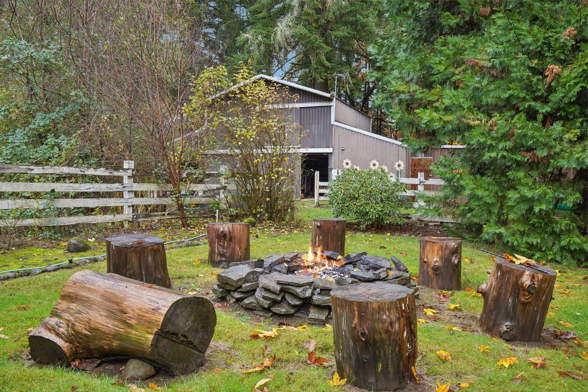 Cozy fire pit with log stools in a tranquil backyard