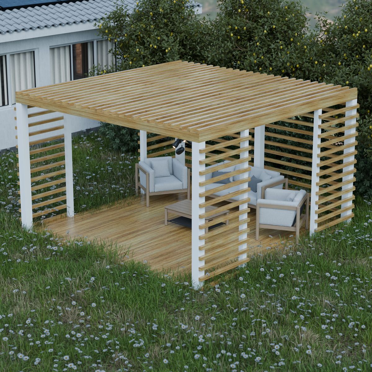 Wooden pergola in a lush garden with comfortable seating