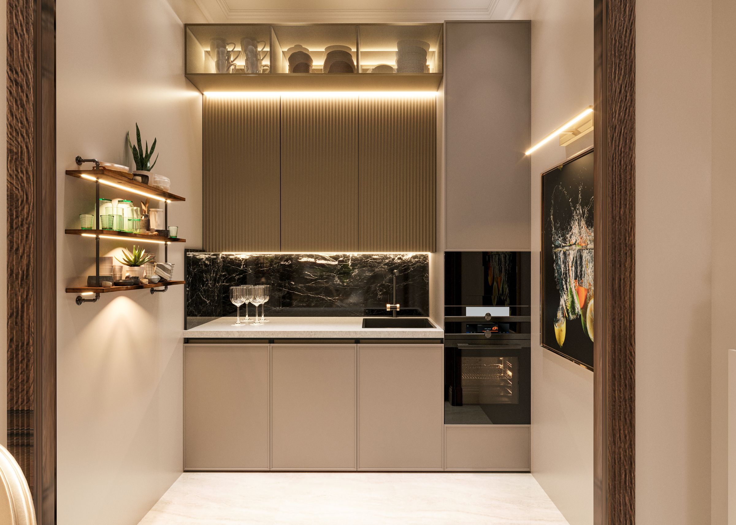 Home Coffee Bar Ideas That Feel Like a Real Café Corner 6 Marble backsplash kitchen counter with warm under-cabinet LED lighting