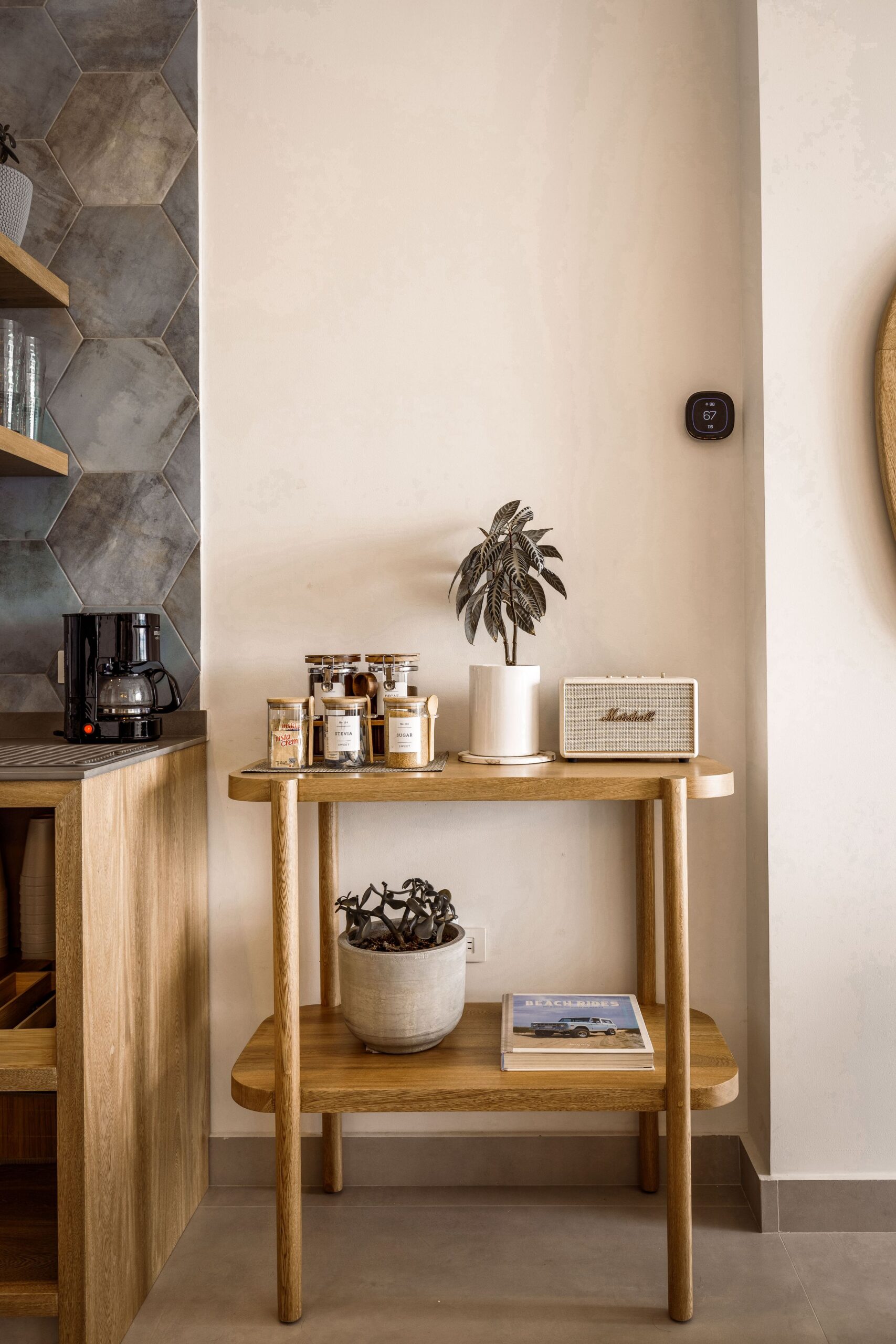 Home Coffee Bar Ideas That Feel Like a Real Café Corner 2 Minimalist coffee station with espresso machine on white kitchen counter