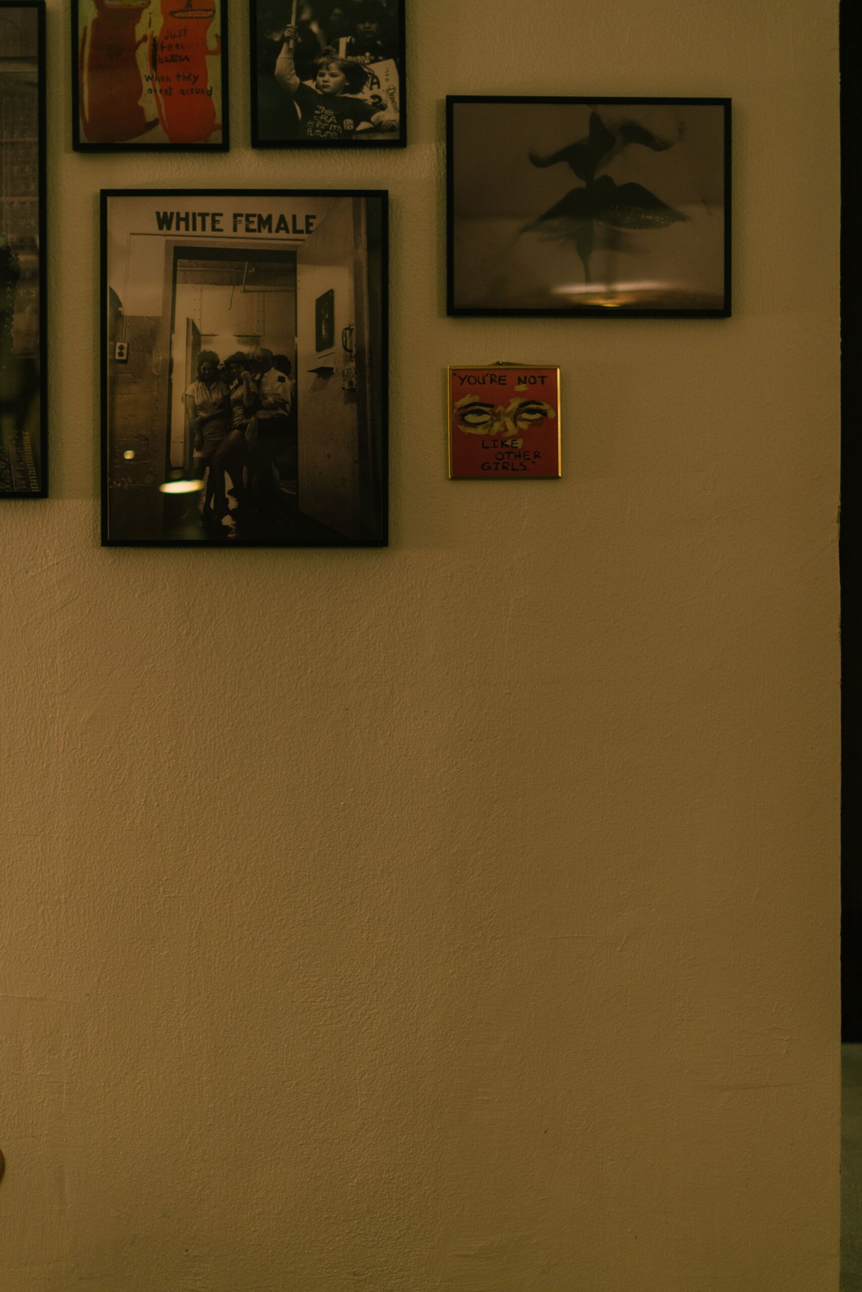 Posters and pictures in frames arranged on a wall