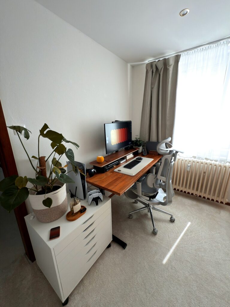 Home office setup with wooden desk, monitor, ergonomic chair, and plant near a bright window