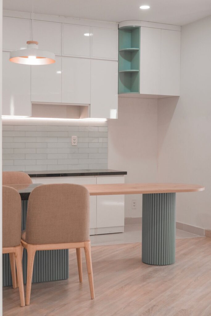 Stylish modern kitchen with minimalist design and soft lighting