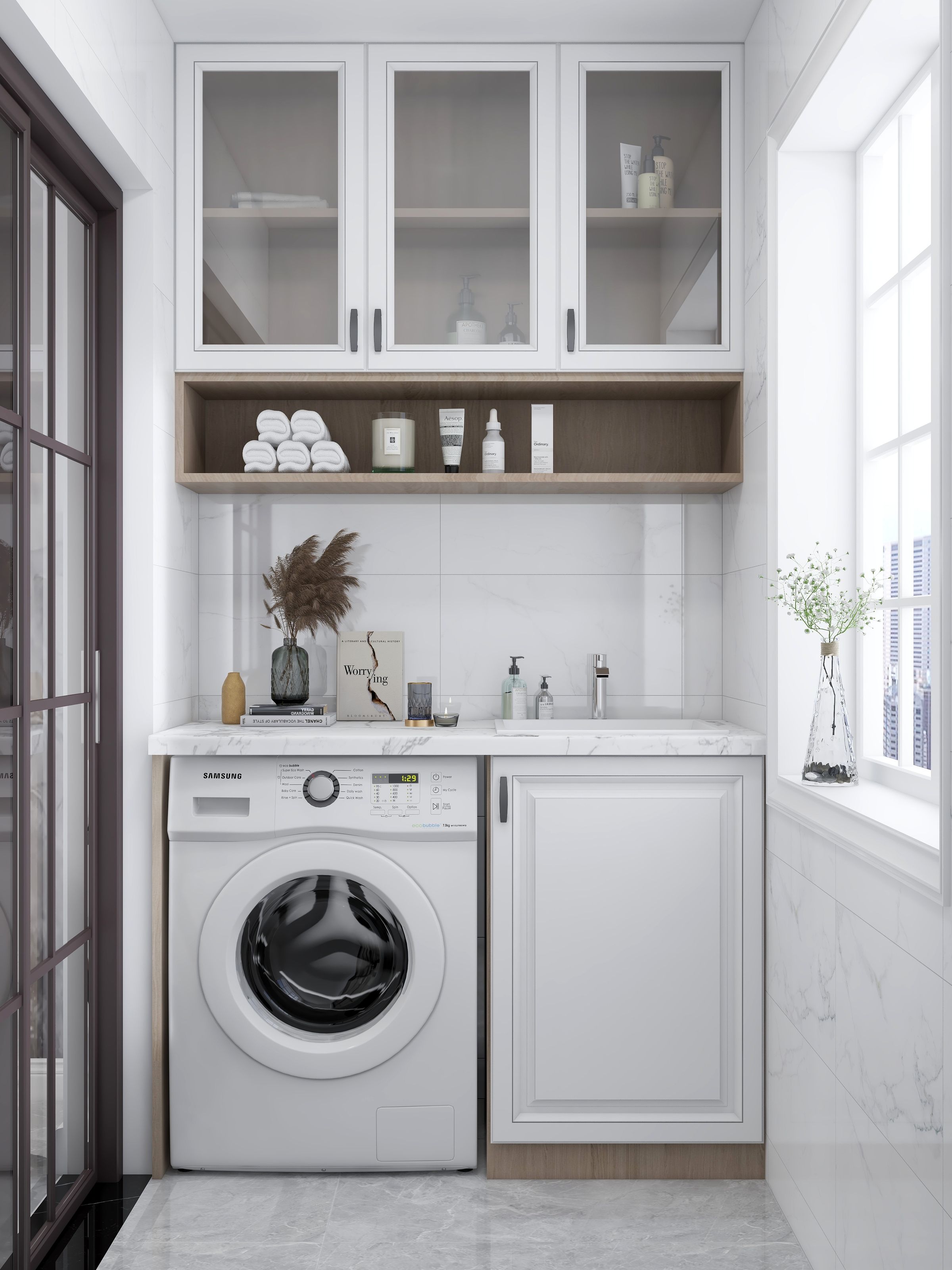 Laundry Room Organization Ideas That Actually Make Sense 8 Bright modern laundry nook with glass cabinets and natural window light