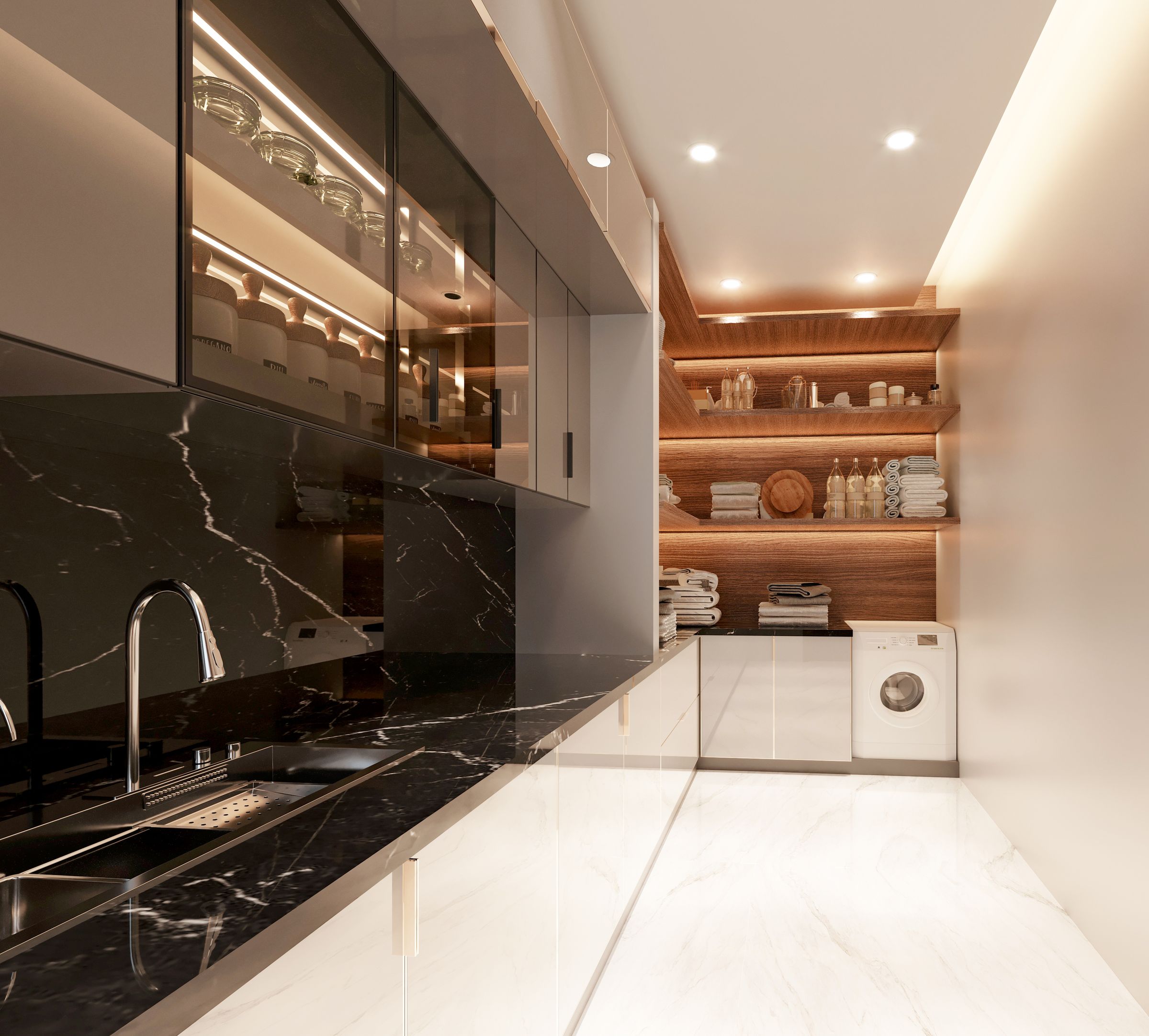 Laundry Room Organization Ideas That Actually Make Sense 2 Modern laundry room with glass cabinets and marble countertop above washer