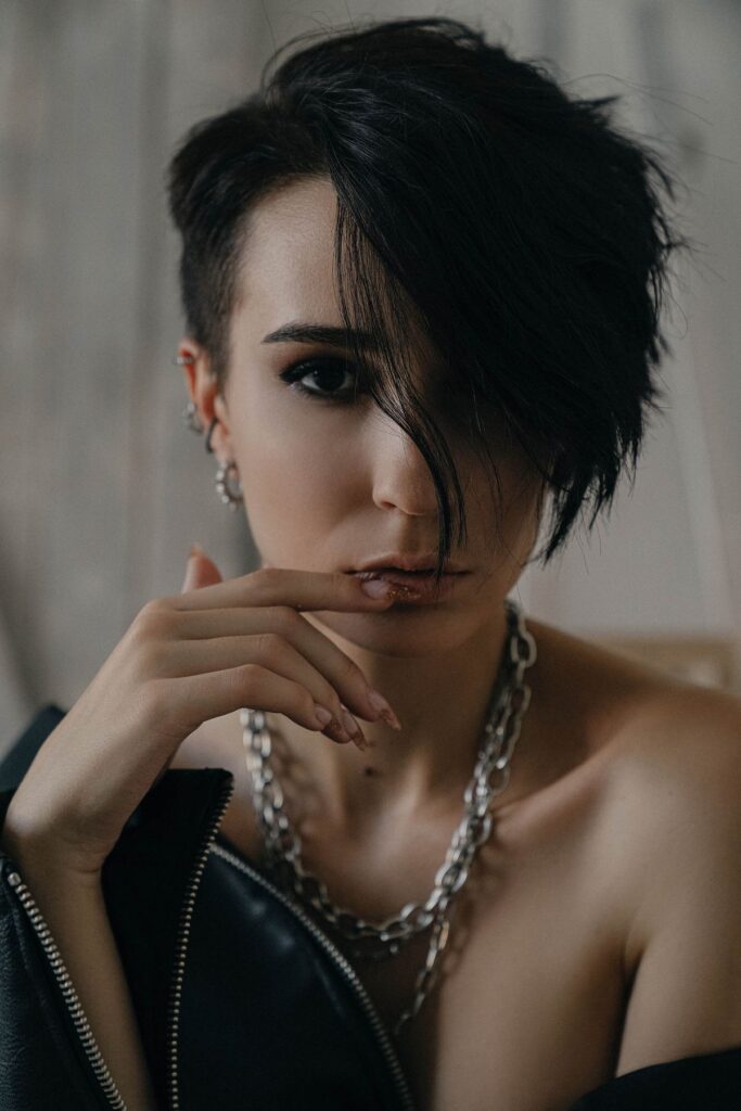 Woman with a short edgy pixie cut hairstyle