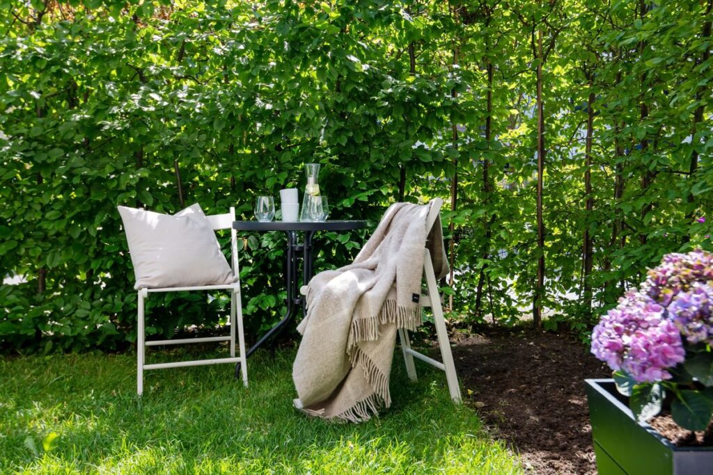 Tranquil small backyard with chairs, table, and lush greenery