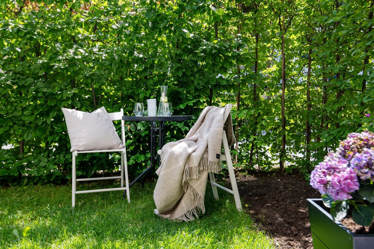 Tranquil small backyard with chairs, table, and lush greenery