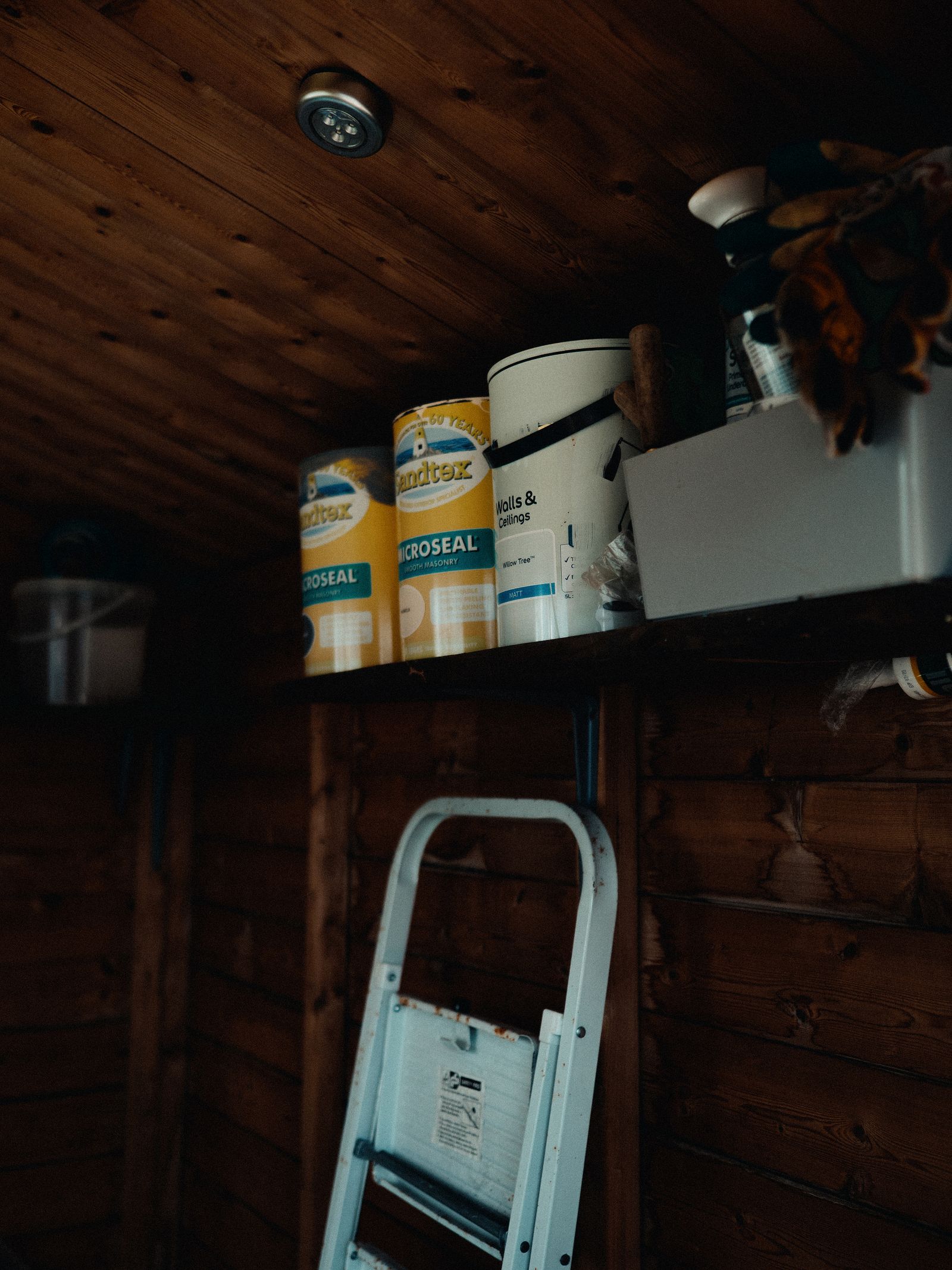 Garage Organization Ideas That Make Room for the Car Again 4 Shelf storing paint cans and supplies above a ladder in a garage, photo by Lisa Fotios via Pexels