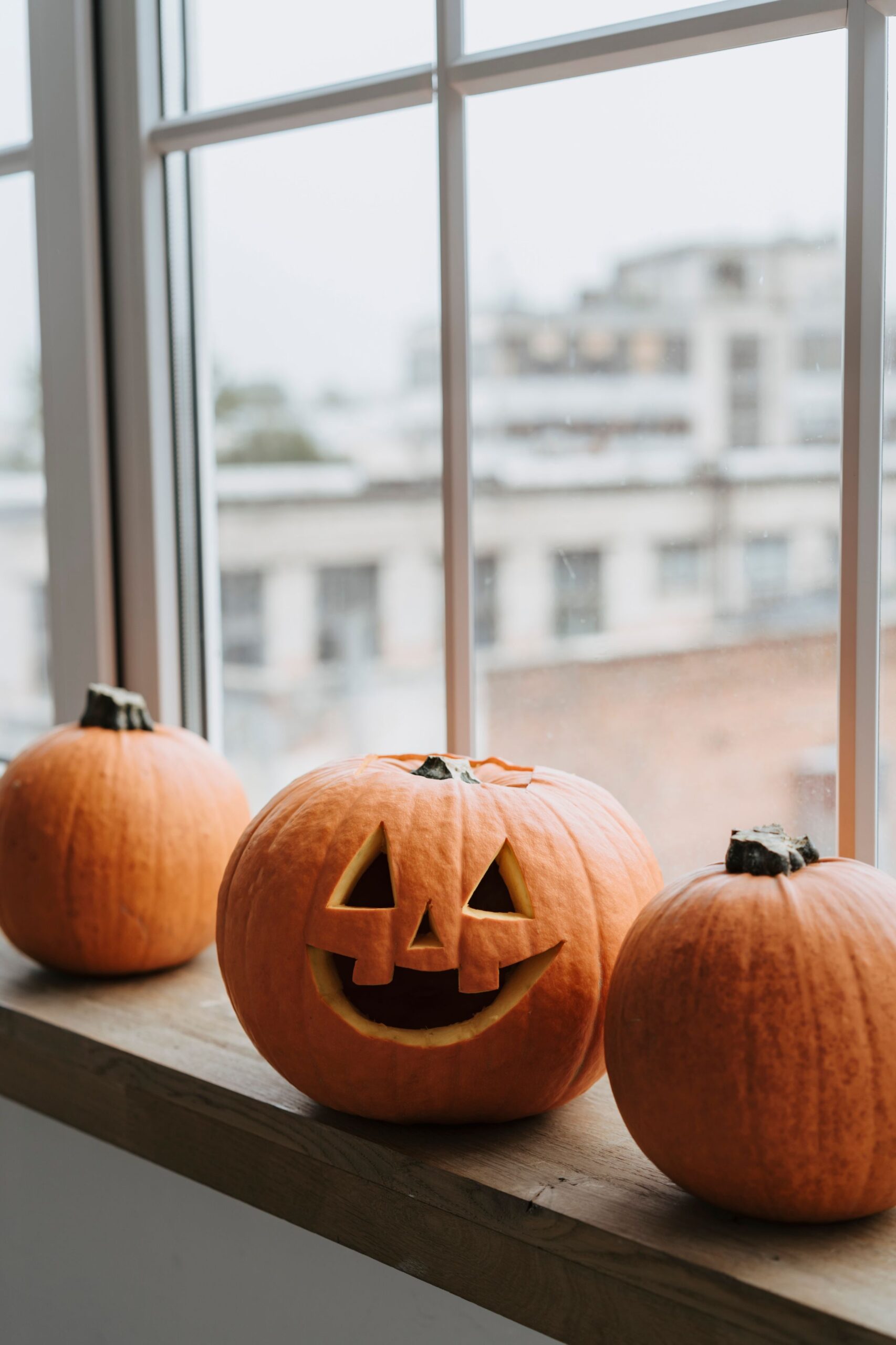 Elegant Halloween Decor Ideas for Every Room in Your Home 7 Three pumpkins including a carved jack-o-lantern lined up on a window sill, photo by Olia Danilevich via Pexels